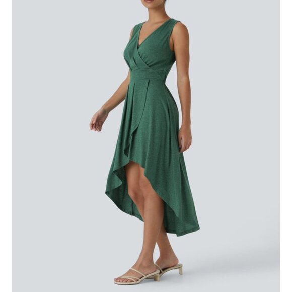 Halara Deep V Neck Sleeveless High Low Crossover Hem Midi Casual Dress Sz Large - Picture 1 of 14